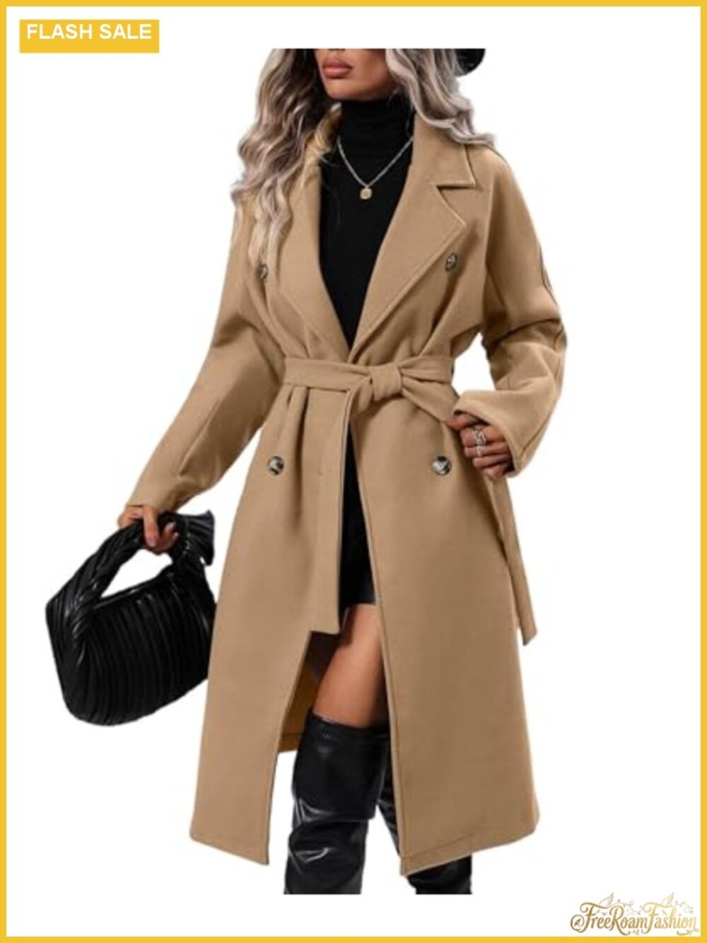 Womens Wool Blend Pea Coat Long Double Breasted Winter Trench